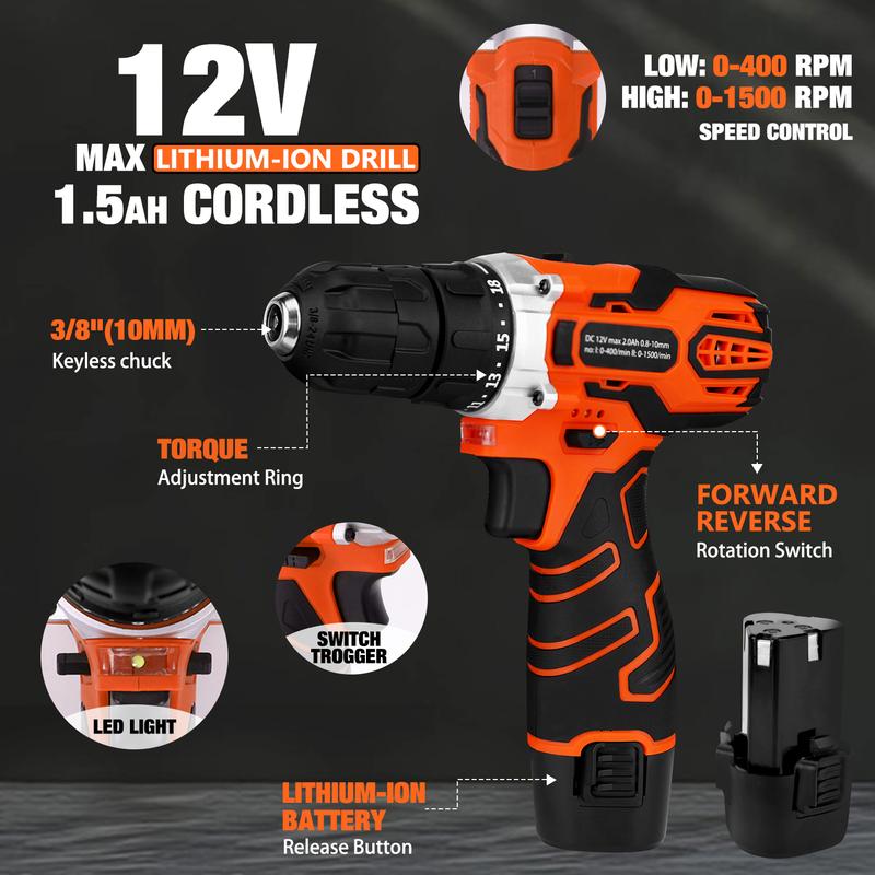 255-Piece Tool Set - Tool Kit with 12V Cordless Drill Driver, Toolbox Storage Case with Drawer, General Household Drill Set for DIY Projects, Home Repairs, Handyman