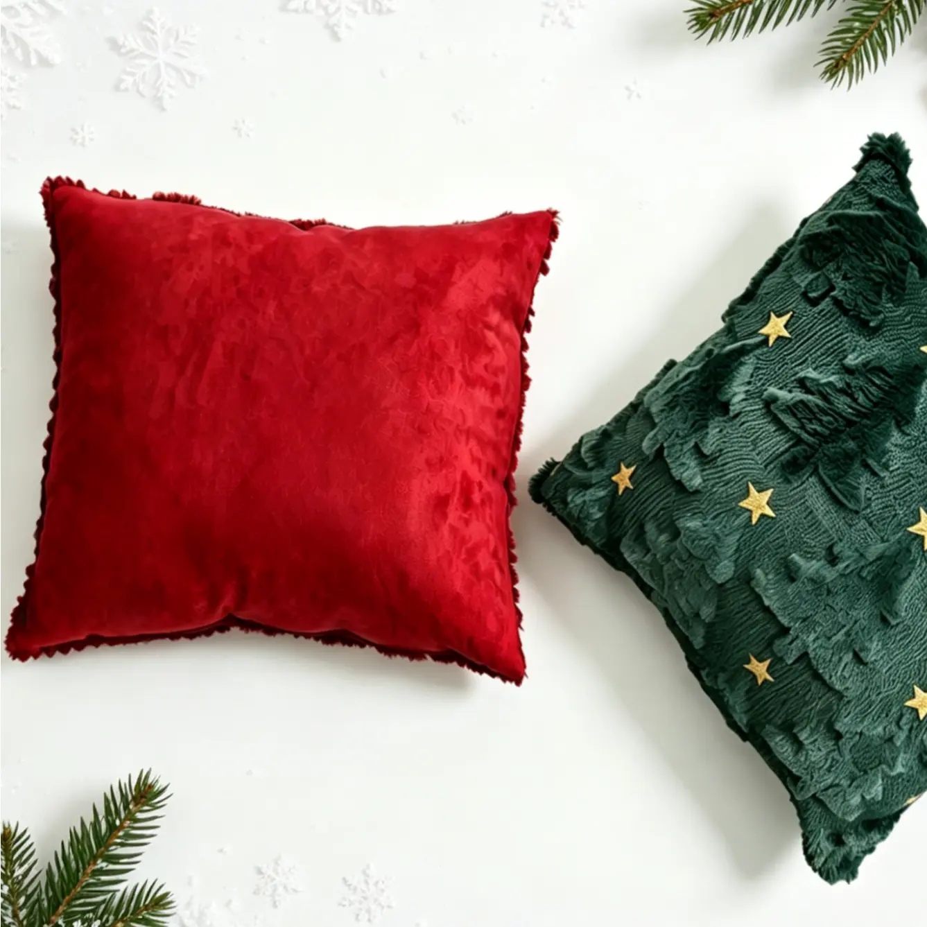 Christmas Throw Pillow Cover, Set of 2 18x18 Inch Soft Plush Faux Fur, Pillowcase with Christmas Tree & Star Embroidery, Christmas Throw Pillow Covers for Couch, Bed, Sofa