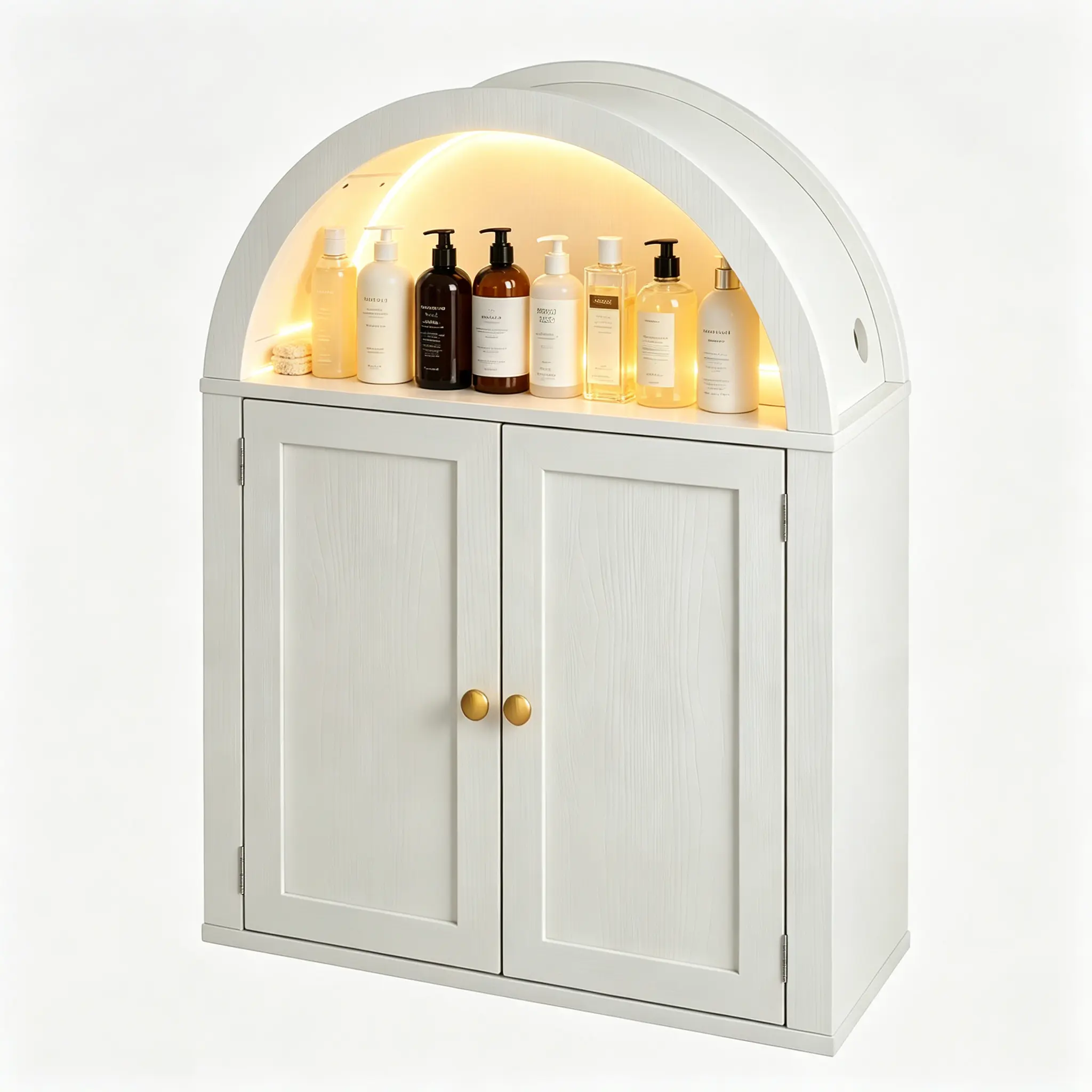 Modern Farmhouse Vertical Grain Wood Arched Wall-Hanging Cabinet - RGB Built-In Lighting Durable Bathroom Furniture, Double-Door Storage Organizer with Adjustable Shelves, 20-25 Kg Capacity, Assembly Required (Suitable for Bathroom, Bedroom), Rgb Lighting