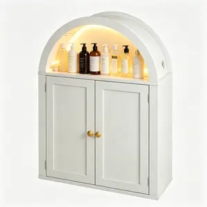 Arched Wall-Mounted Bathroom Cabinet with RGB LED Lights, Double-Door Storage Organizer with Adjustable Shelves, Farmhouse Vanity Cabinet for Bathroom, Bedroom, Kitchen, Living Room