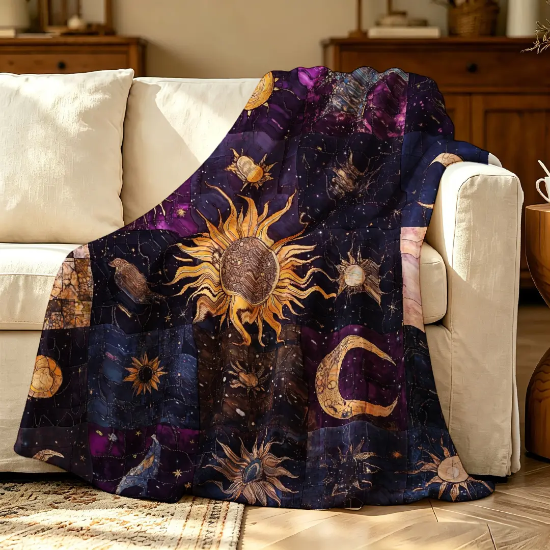 Celestial Sun and Moon Patchwork Flannel Throw - Spooky, Deco, Moon and Stars, Printed Graphic Styles, Machine Washable, All-Season Warm Insulated Nap Piece for Living Room, Halloween Decor, Spooky Blankets, Deco Blankets