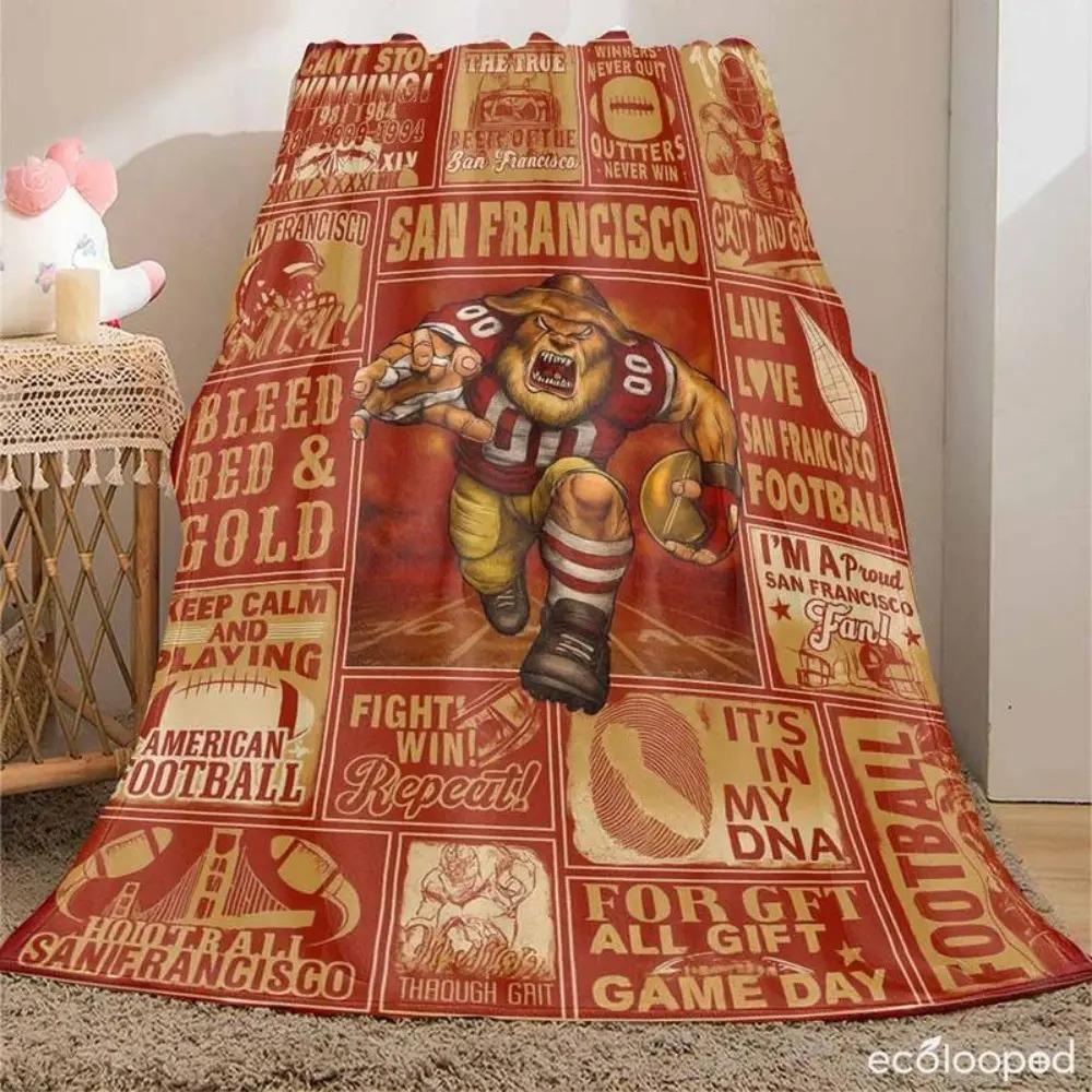 San Francisco Football Flannel Throw Blanket, Soft Warm Bleed Red & Gold Fleece, Vintage Sports Decor for Bed Sofa Couch Man Cave, Unique Birthday Christmas Gift For SF Fans Men Dads