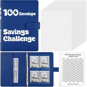 100 Envelope Money Challenge Binder, A5 PU Budget Book with Cash Envelopes, Savings Binder for Planning and Saving $5050, Dark Blue