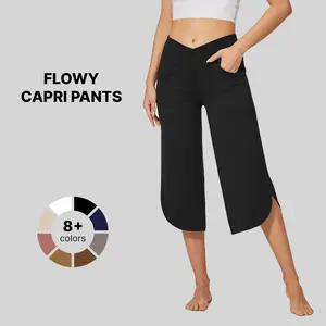 G4Free Wide Leg High Waisted Pockets Crossover Capri Work Pants 21'' Womenswear Bottom Casual Chic Baggy Breathable