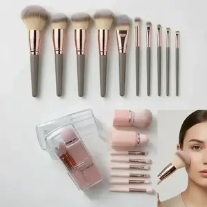 Makeup Brush Sets Bundle, 10pcs Khaki and 8pcs Pink Brushes with Nylon Bristles, ABS Plastic Handles, Portable Travel and Professional Face Eye Makeup Tools, Eyeshadow Brushes