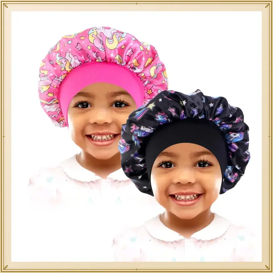 2PCS Cartoon Baby Kids Print Satin Bonnet Sleep Hat Cap for Curly Hair Adjustable Silky Satin Cap for Toddler Night Sleep Caps Beanie