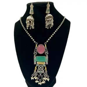 Oxidized Semi Long Necklace and Earrings with Elegant Design, Stone Centerpiece, Decorative Elements, (No Refund or Exchange)