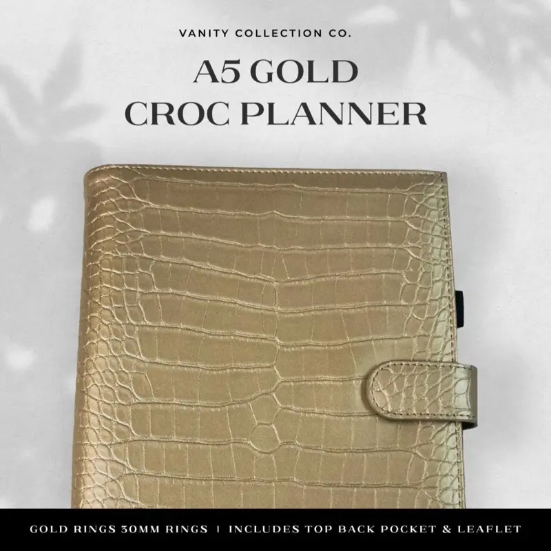 Vanity Collection Co. A5 Planner Croc Gold Planner with Gold Rings Metallic Golden Agenda with Top Back Pocket & Leaflet
