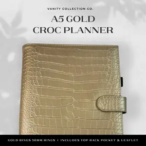 Vanity Collection Co. A5 Planner Croc Gold Planner with Gold Rings Metallic Golden Agenda with Top Back Pocket & Leaflet