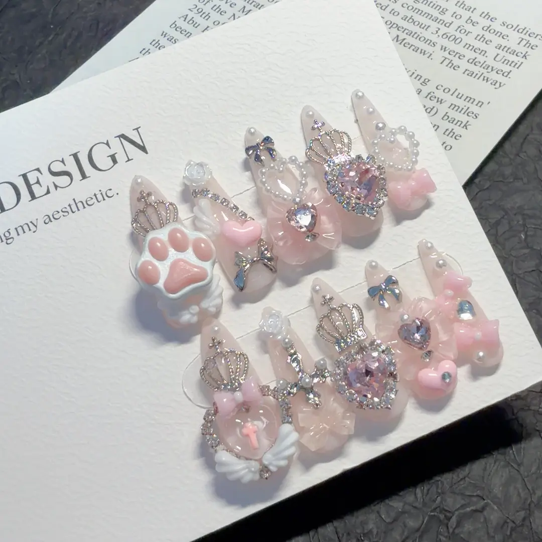 AURÉA Handmade Pink Cat Paw Crown Press On Nails| Removable Y2K Coquette Nail Art| Long Stiletto Reusable Fake Nails with Heart Crystal & Bow Details