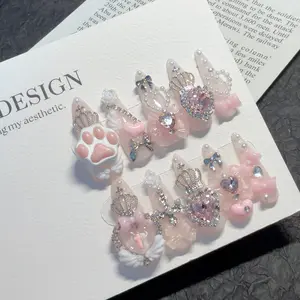 AURÉA Handmade Pink Cat Paw Crown Press On Nails| Removable Y2K Coquette Nail Art| Long Stiletto Reusable Fake Nails with Heart Crystal & Bow Details
