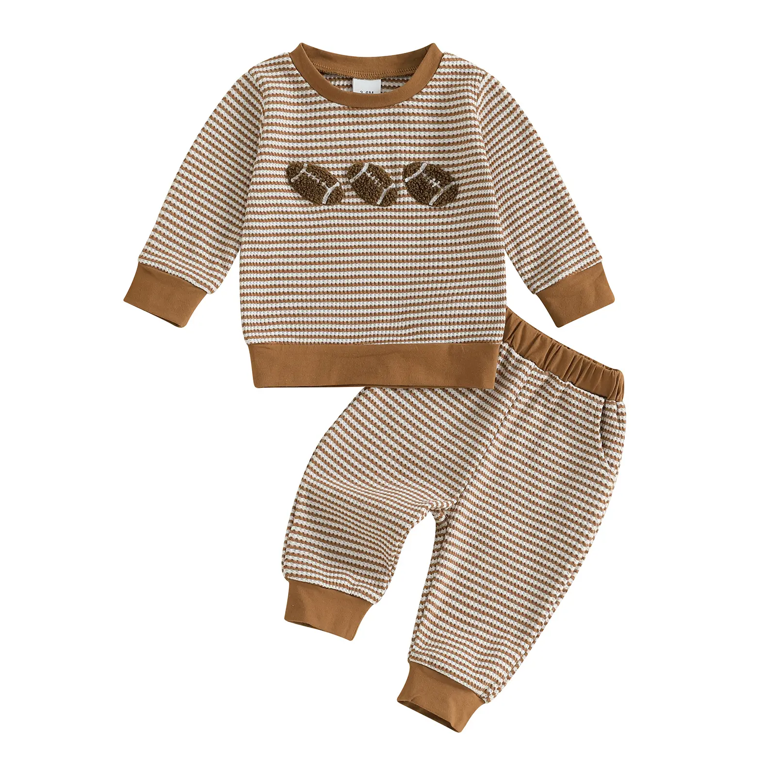 Toddler Baby Boy Football Outfit Cute Rugby Embroidery Stripes Long Sleeve Waffle Knit Sweatshirt Tops Jogger Pants