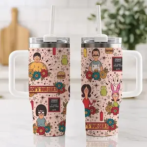 Burgers Stainless Steel Travel Mug, Family Cartoon 40oz Tumbler Cup