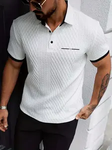 Men's Colorblock Collar Polo Shirt, Textured Knit Short Sleeve, Geometric Pattern Print, Casual Fashion, Daily Wear