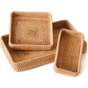 Rattan Serving Tray, Rectangle Basket Set of 3, Wicker Storage and Organizing Baskets,  Decorative Woven Tray for  Decor, Bathroom, Kitchen Counter