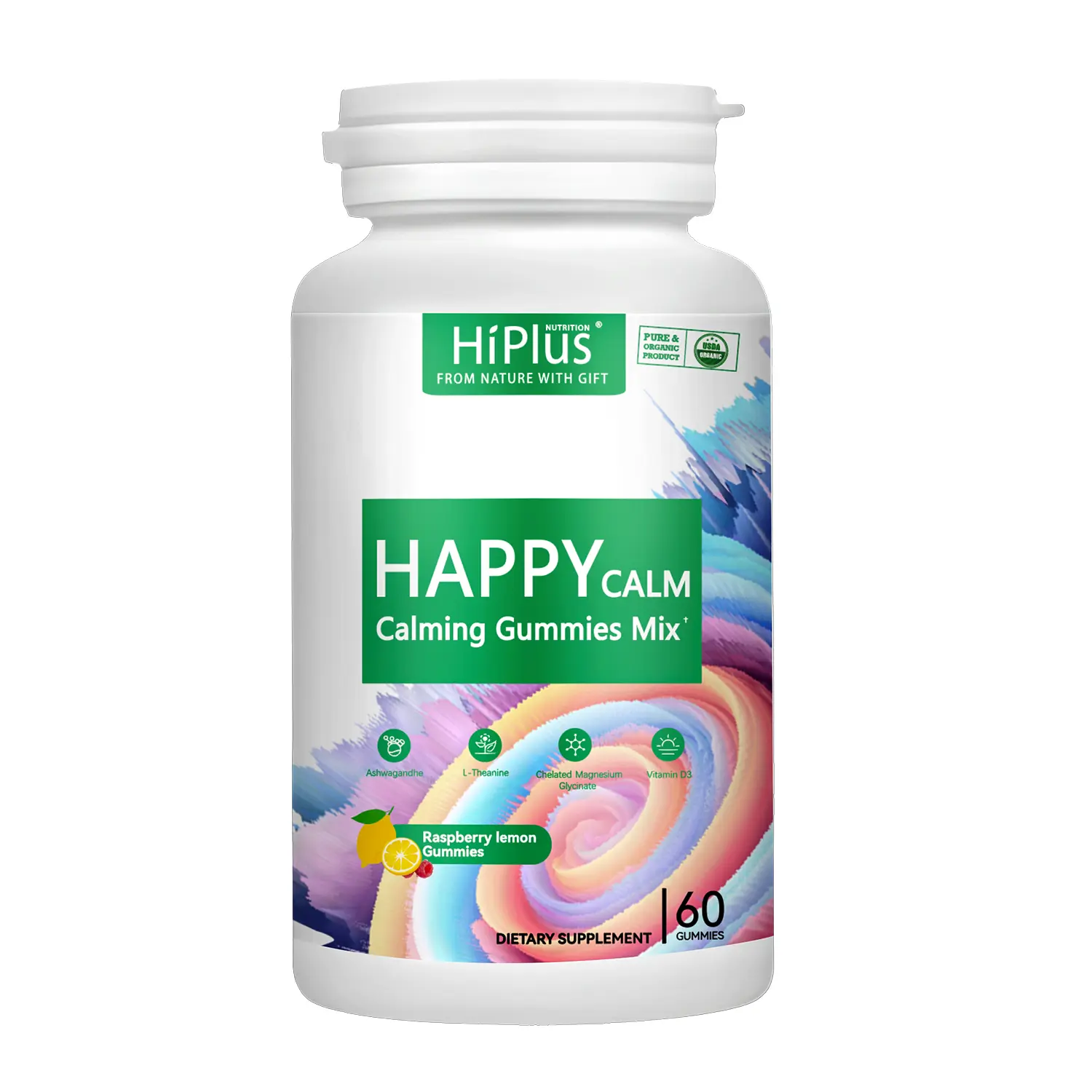 HiPlus HAPPYCALM Gummies - Raspberry Lemonade with L-Theanine, KSM-66 Ashwagandha & Magnesium Glycinate - Stress Relief & Focus Supplement, No Sugar, 60 Gummies,Stress Relief Gummies