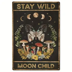 Retro Stay Wild Free Spirit Aluminum Wall Art with Whimsical Mushroom Butterfly Design and Celestial Motifs Durable Home Decor