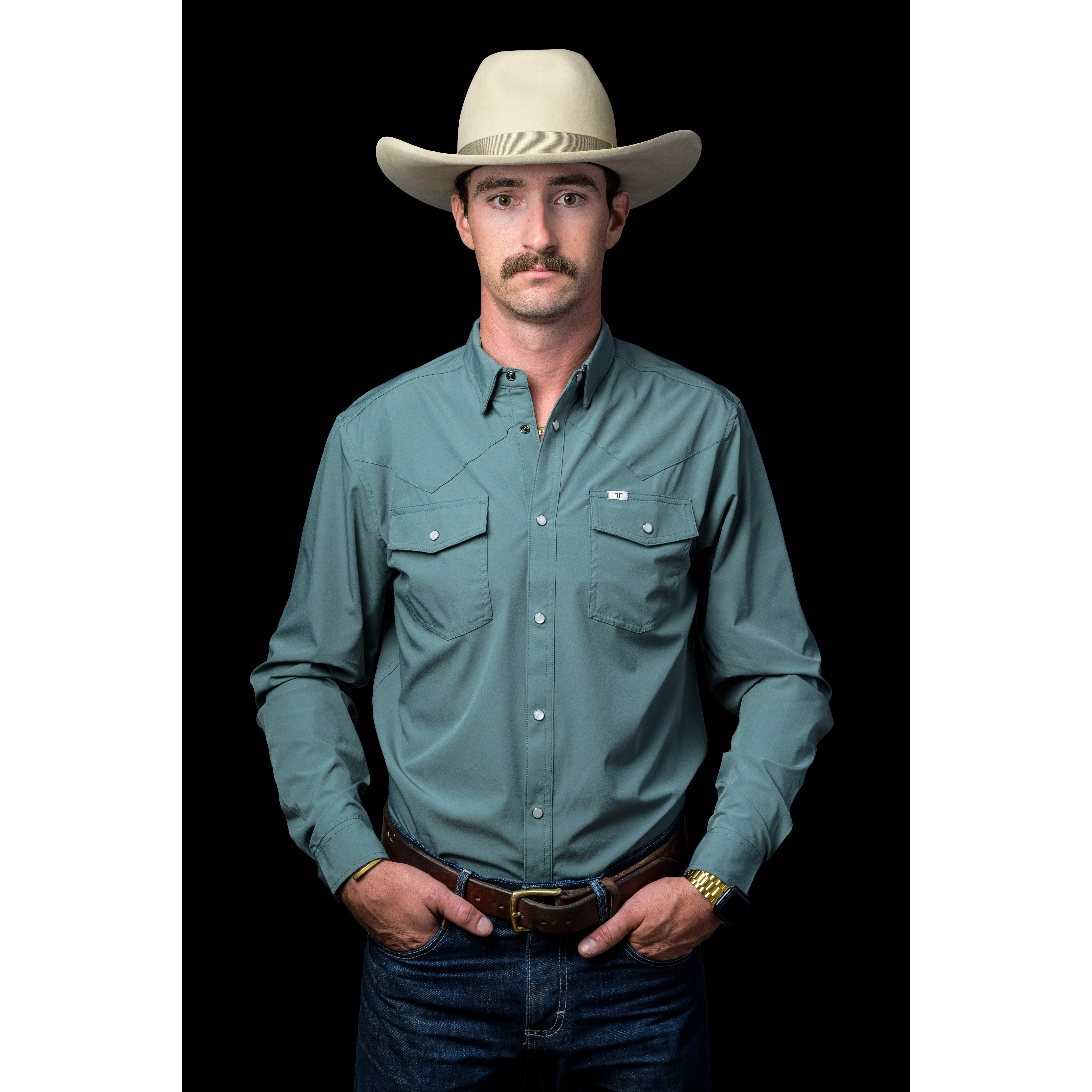 Men's Long Sleeve Western Pearl Snap Shirt in Aqua, Breathable Soft Stretch Fabric with Pocket and UPF Protection