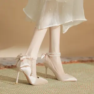 Women's Satin Pointed Toe Stiletto Heels, Elegant Pearl Ankle Strap Pumps with Back Bow Detail, White Champagne Closed Toe Wedding Bridal Shoes, Dainty Gold Chain Pearl Drop High Heels, Formal Evening Party Prom Dress Shoes for Women