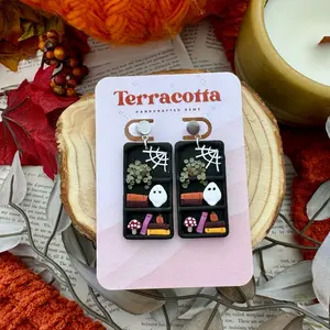 Halloween Ghost Bookshelf Spooky Polymer Clay Earrings