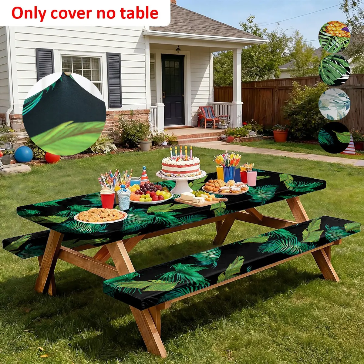 3-Piece Elastic Outdoor Tablecloth Set with Bench Covers, Leaf Print, Durable Design, Easy Installation and Maintenance