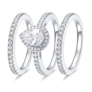 MDFUN 1.5CT Waterdrop Pear Cut Halo Ring Set Cubic Zirconia Wedding Engagement Promise Eternity Ring for Women, Sizes 5-10 3-in-1 R-1014 classic gift engagement lover