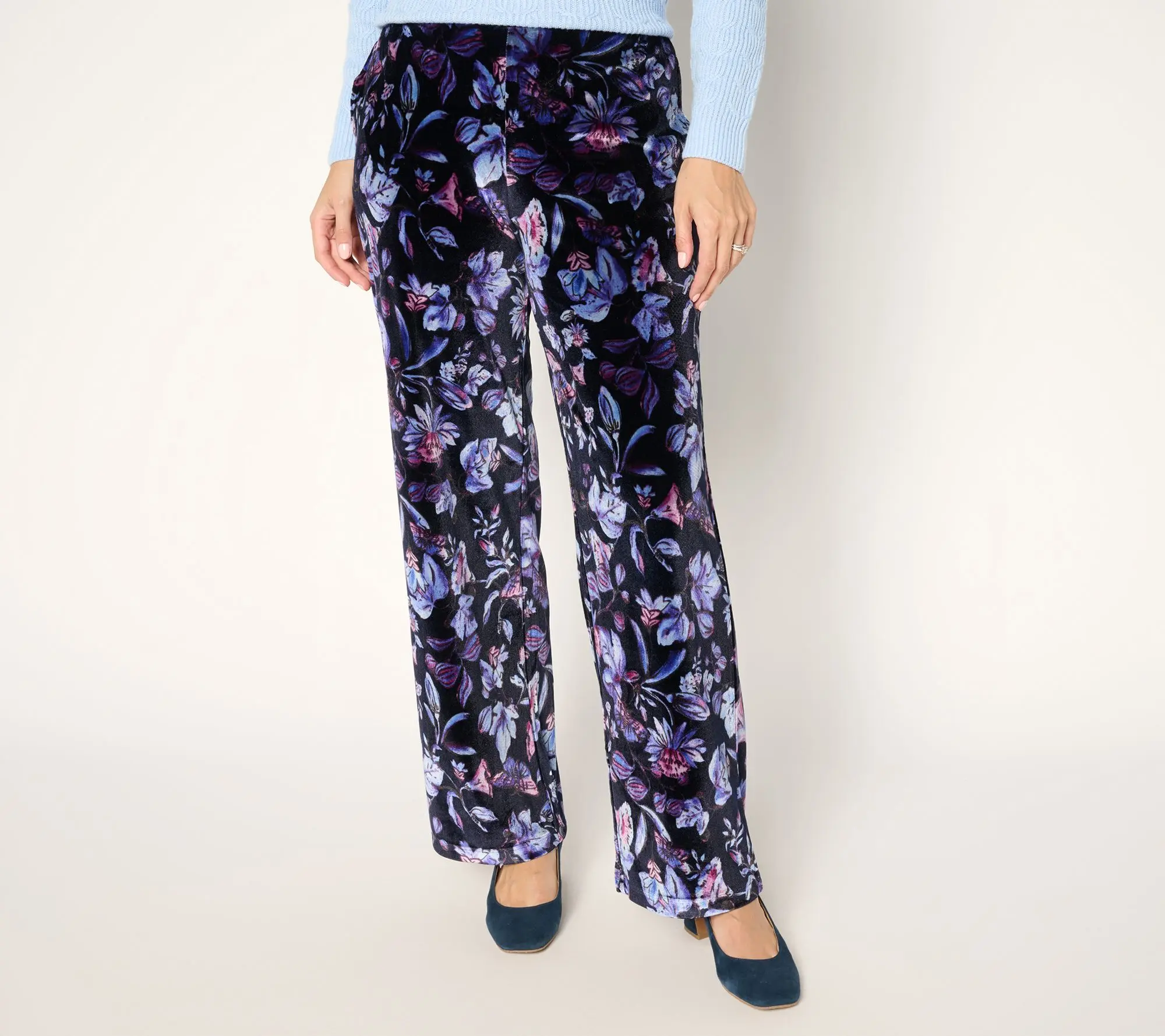 Susan Graver Petite Printed Stretch Velvet Pull-On Wide Leg Pants