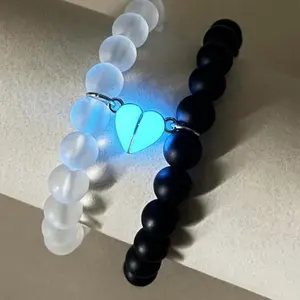 2pcs Couple Matching Bracelets Crown Luminous Glow In The Dark Magnetic Heart Charm Beaded Bracelet For Valentine's Day Gift Couple Gifts Valentines Color