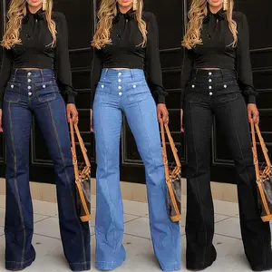 Women's Flare Bell Bottom High Waist Jeans Vintage Stretch Bootcut Denim Trouser with Pocket