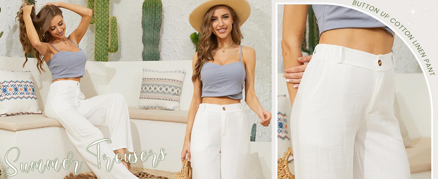 UANEO Women's Cotton Linen Wide Leg Pants Casual Button Up High Waisted Trousers Loose Comfy Spring Summer Womenswear SummerVibes Bohemian Bottoms Minimalist