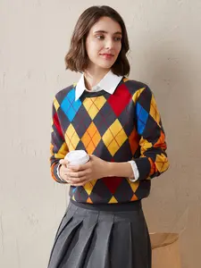 COMOBOCA 100% Cashmere Women's Argyle Pattern Colorful Knit Sweater for Cozy Winter Wear - Soft, Lightweight & Figure-Flattering Design