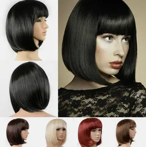 Lady Girl Bob Wig Women's Short Straight Bangs Full Hair Wigs Heat-Resistant Synthetic Fiber for Cosplay Party