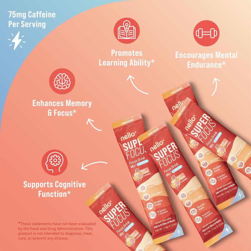 Nello Superfocus – Nootropic Drink Mix with Lion’s Mane, Rhodiola & Alpha-GPC – Supports Memory, Brain Health & Mental Stamina, Enhances Clarity & Sharpness, Helps Fight Brain Fog – Travel Packets (20 Servings) Healthcare Convenient