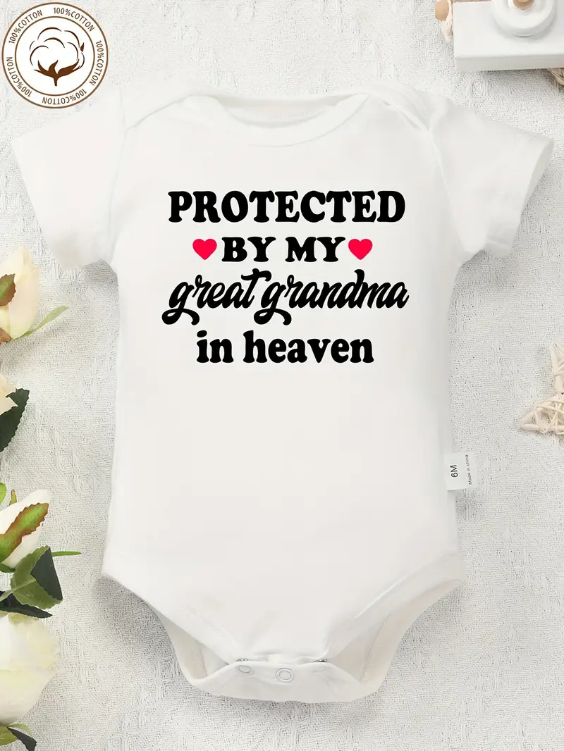 Protected by My Great Grandma in Heaven" Soft Cotton Youngsters Onesie - White with Black Letter Print, Round Neck, Short Sleeve, Youngsters Romper, P