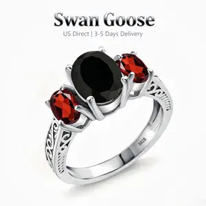 S925 Sterling Silver Vintage Black Onyx and Red Garnet Three-Stone Ring - Gemstone Jewelry - Perfect for weddings, engagements, anniversaries, commitments, Mother's Day, and graduation season fathersdaygiftideas