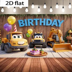 2D Flat Banner Festive Birthday Scene, Anthro Construction Vehicles, Dump Truck, Tractor, Party Decor, Kids' Birthday Supplies