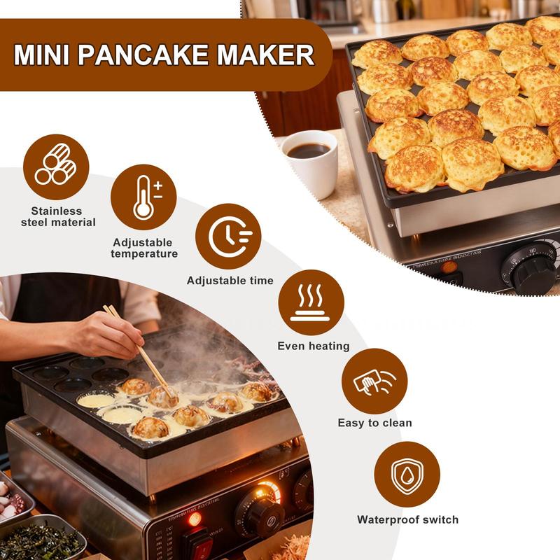 Commercial Mini Pancake Maker, Stainless Steel Pancake Maker Machine with Waterproof Switch & Even Heating, 110V Non-Stick Dutch Pancake Baker for Fast Cooking, Coffee Shop, Party (50pcs)