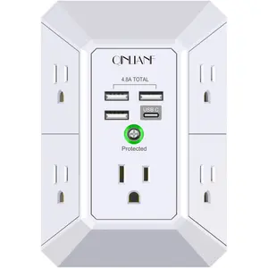 Wall Charger, Surge Protector, QINLIANF 5 Outlet Extender with 4 USB Charging Ports (4.8A Total) 3-Sided 1680J Power Strip Multi Plug Adapter Spaced for Home Travel Office (3U1C) QINLIANF