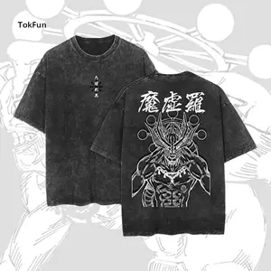 Mahoraga Cotton Tee Shikigami Jujutsu Kaisen Anime Graphic Print Washed Retro Cotton T-Shirt, JJK Black Acid Wash, Unisex Summer Casual Short Sleeve Menswear Top