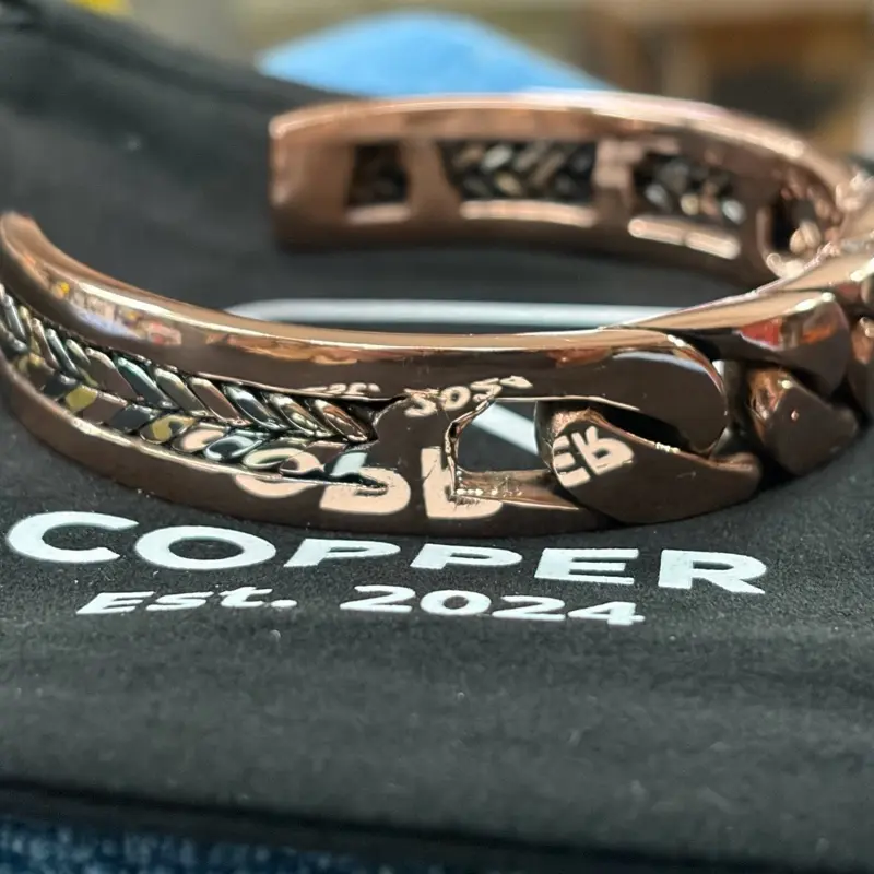 H/H Copper- Copper Half Cuban Cuff  bracelet with copper & stainless wheat pattern .   wrist measurement required