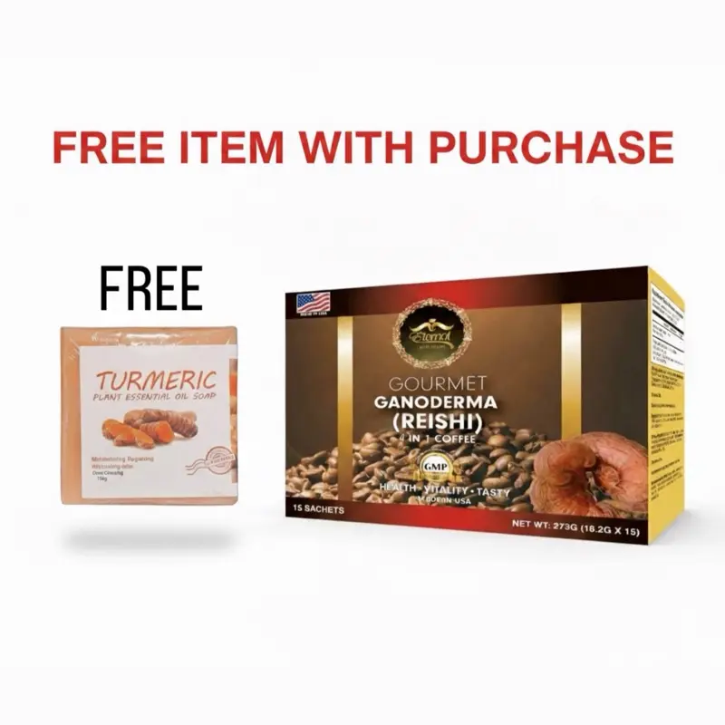 Eternal Spirit Gourmet Ganoderma Reishi 4-in-1 Coffee Latte 15 Sachets Bean Beverage with Health Benefits US Made Free Turmeric Soap