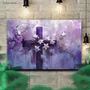 [2D Flat] 1pc Framed Easter Cross with Purple Flowers Canvas Wall Art - Ready-to-Hang Religious Decor in Purple, Pink, Blue, Green, Black, White - Modern Christian Home, Office, Church Decoration - Spiritual Gift for Easter, Wedding, Funeral - Wrappe