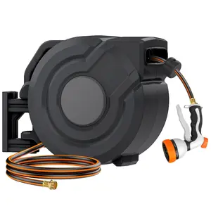 Retractable Hose Reel 1/2 in x 100 ft Wall Mounted Garden Hose Reel Heavy Duty with 7-Pattern Nozzle Any Length Lock Auto-Rewind Slow Return System 180°Swivel Bracket