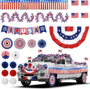 Patriotic Parade Decorations Kit for Flag Day & 4th of July – Red White Blue Tinsel Garland, USA Banner & American Flag Paper Fans – Complete Golf Cart & Car Decor Set for Independence Day Celebrations