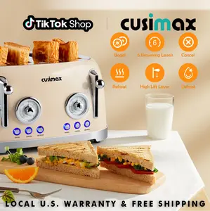 CUSIMAX 4 Slice Toaster, Extra Wide Slots for Bagels Waffles 6 Browning Levels, Defrost Bagel Cancel Auto Shut-off Stainless Steel Removable Crumb Tray  touch screen toaster browning level Toastie Machine ,Toastiemachine