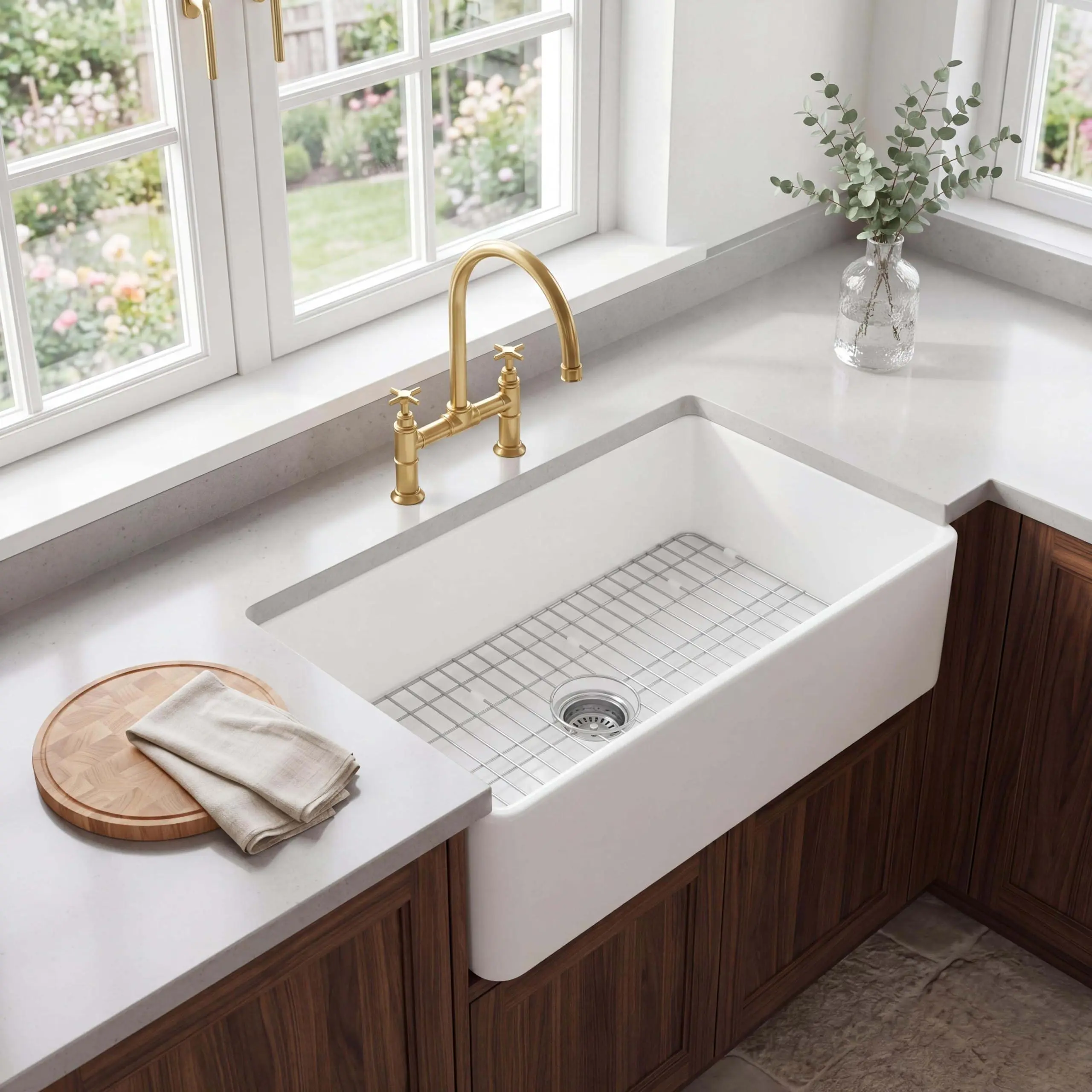 GAOMON 30 x 18 Inch Farmhouse Kitchen Sink, White Fireclay Apron Front Single Bowl Sink, Large Deep Kitchen Sink with 304 Stainless Steel Bottom Grid, Stain Chip Heat & Scratch Resistant