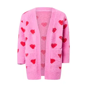 Mother-Daughter Matching Family Long-Sleeve Open-Front Heart Print Cardigan with Pockets