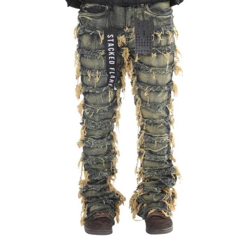 Dark Blue Vintage Tint Wash Stacked Flare Jeans Double Layer Frayed Street Style Denim with Distressed Look