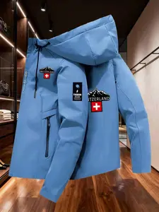 Men's and Women's Fashion Jacket with Swiss Alps Design, Geometric Print, Zipper Pockets, Casual Hooded Style, Spring & Fall Wear