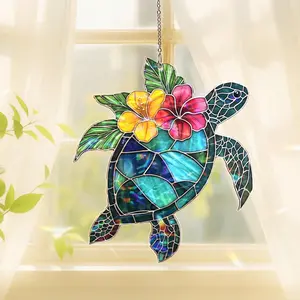 Sea Turtle Acrylic Suncatcher With Tropical Hibiscus Flowers, Stained Glass Style Ocean Animal Window Hanging, Colorful Beach Home Decor, Spring Gift for Mom, For Her